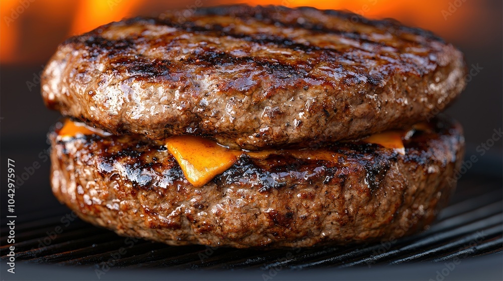 Juicy Double Cheeseburger Patty on Grill Close Up Juicy Double Cheeseburger Patty on Grill Close Up