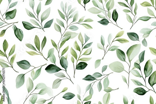 Seamless watercolor floral pattern with green leaves and branches on white background, ideal for wrapping paper, wallpapers, postcards, greeting cards, wedding invitations, and romantic event designs