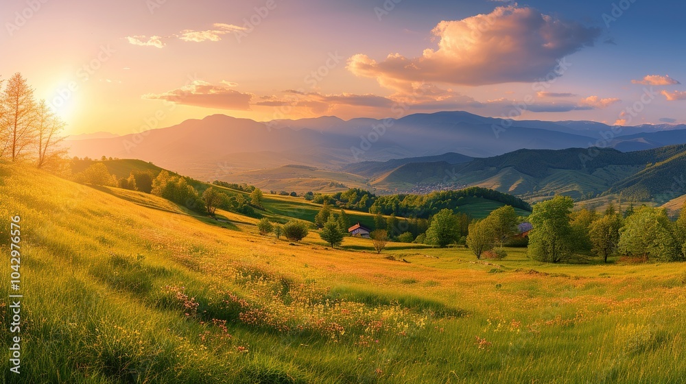 Fototapeta premium Panorama grassy field and rolling hills at sunset in evening light. Rural scenery