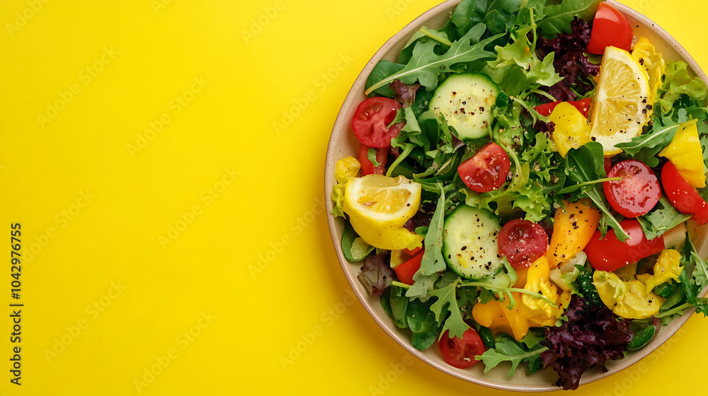 Fresh vegetable salad with vibrant colors on yellow background Fresh vegetable salad with vibrant colors on yellow background