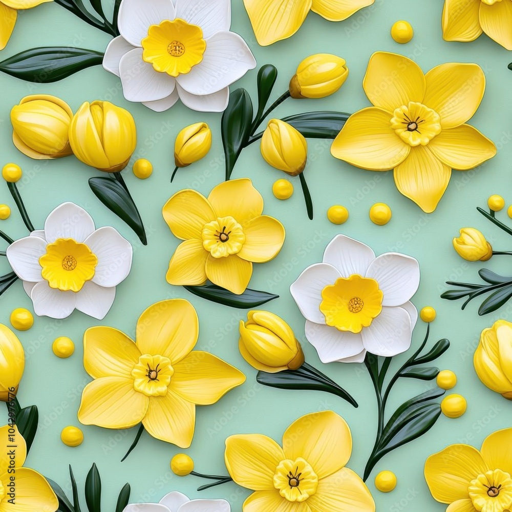 Fototapeta premium A seamless pattern featuring pale yellow daffodils on a green background, seamless Pattern