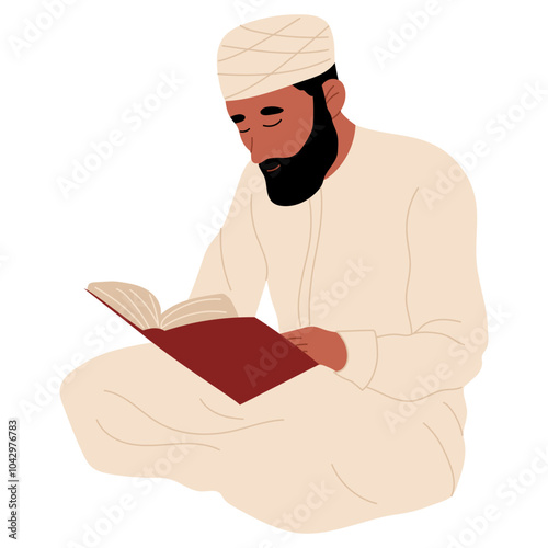 Muslim man praying and read Koran. Eid al-Adha celebration. Traditional Muslim holiday