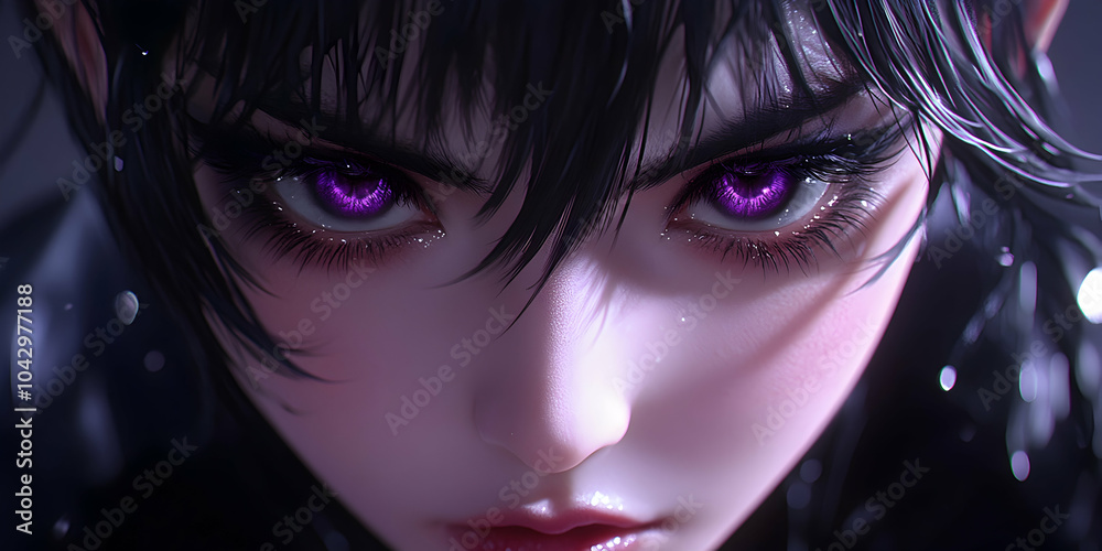 Close-up Portrait of a Woman with Purple Eyes and Black Hair