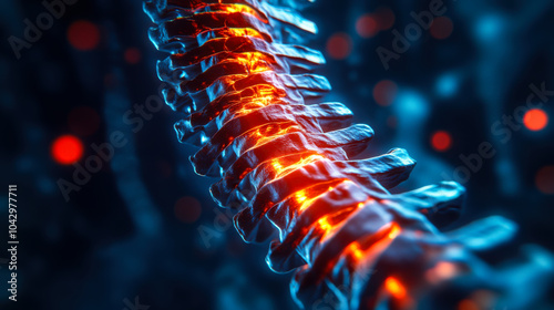 Intricate close-up of a glowing human spine showcasing detailed vertebrae structure in a dark organic environment photo