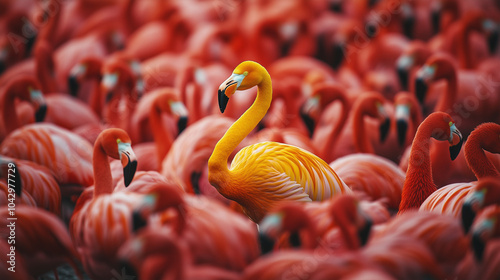 A yellow flamingo stands out from a flock of red flamingos photo