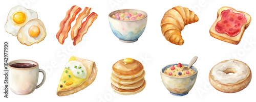 Breakfast items including eggs, bacon and pancakes. Morning meal in watercolor illustration set. Each element in soft pastel colors isolated on transparent background