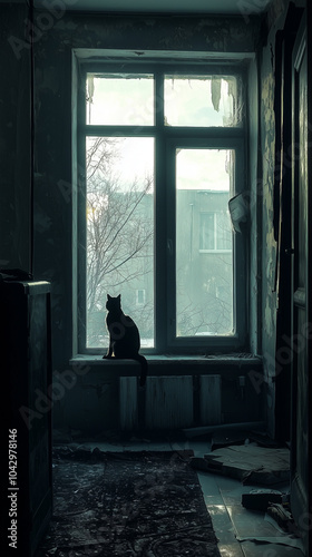 A cat in silhouette sits on a windowsill of a decaying, abandoned room with peeling walls and cold lighting photo