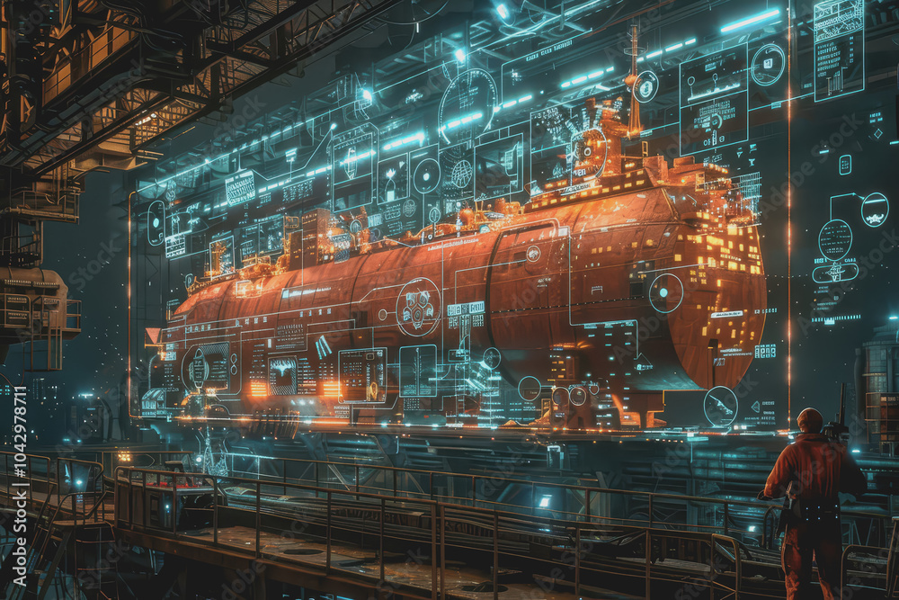 Futuristic hologram of icons and diagrams around a large freighter panorama. Futuristic hologram of icons and diagrams around a large freighter panorama.