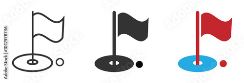 Gulf course with flag and gulf ball vector icons set. Gulf game illustration