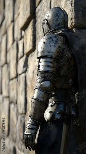 A 3D Render of a Weathered Knight Standing Against a Stone Wall, His Sword Sheathed at His Side, His Head Downcast, Perhaps Contemplating the Battle He Has Just Fought
