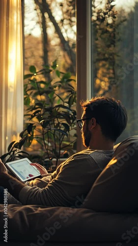 Wallpaper Mural A peaceful evening in a sunlit room with a man reading on a tablet surrounded by greenery Torontodigital.ca