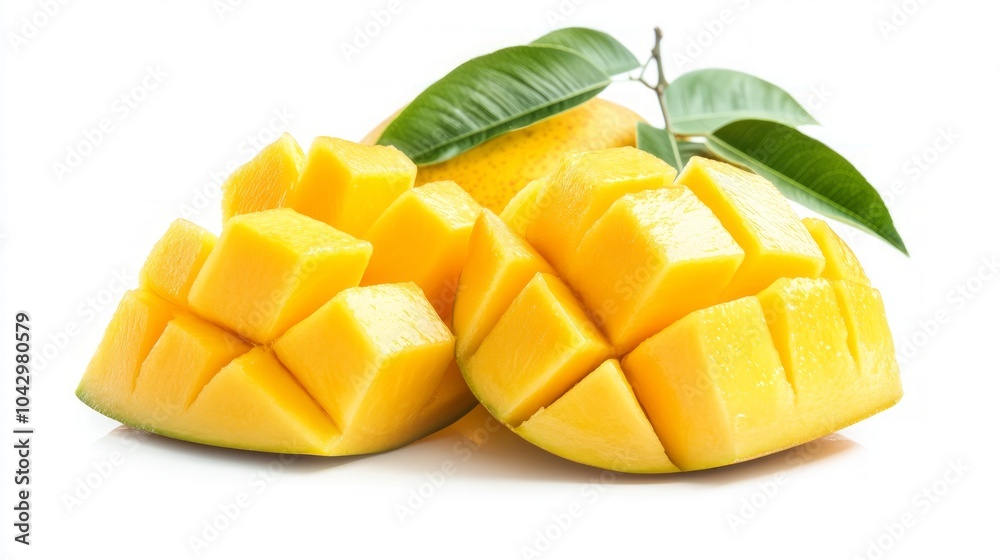 Freshly cut ripe yellow mango fruit with green leaves isolated on white background. Freshly cut ripe yellow mango fruit with green leaves isolated on white background.
