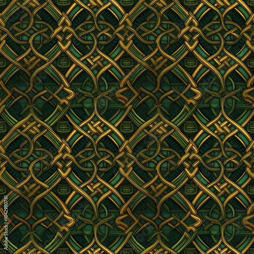 Intricate Celtic knot seamless pattern in green and gold. Pattern for wallpaper, background, print on fabric and paper.