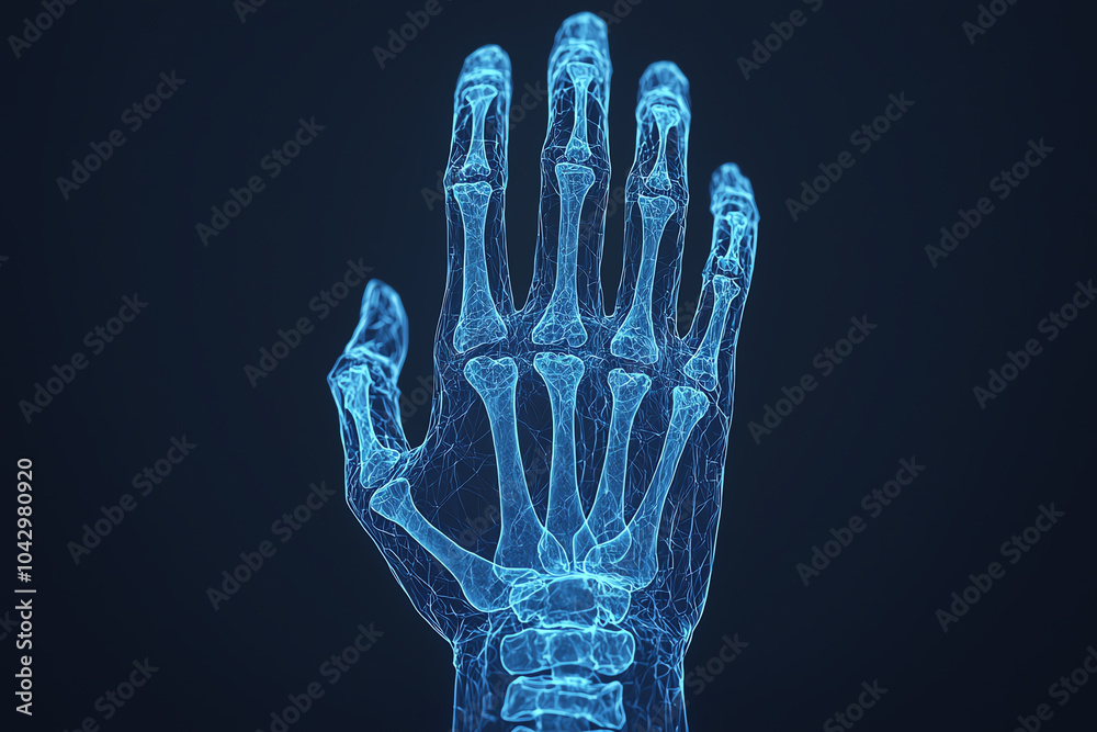 Naklejka premium Xray of a human hand showing bones and joints, integrated with digital health monitoring