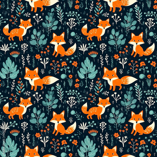 Cute foxes and forest plants seamless pattern. Pattern for wallpaper, background, print on fabric and paper.