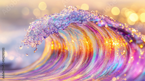 Fototapeta Naklejka Na Ścianę i Meble -  3D iridescent glossy pastel rainbow water holographic ocean wave dynamic motion splash flow surface with sun glare glittering shimmering background for graphic design and wallpaper with copy space