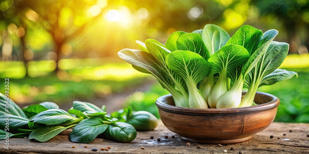 A Rustic Wooden Bowl Filled with Fresh Green Bok Choy, Bathed in Warm Sunlight, Reflecting the Bounty of a Lush Garden