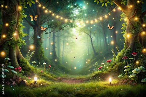 Fototapeta Naklejka Na Ścianę i Meble -  Enchanted forest glade with sparkling fairy lights and whimsical creatures