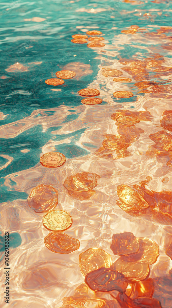 Fototapeta premium Gold coins bitcoins cash flow in ocean water shimmering glittering under light green silver background for good money luck rich concept