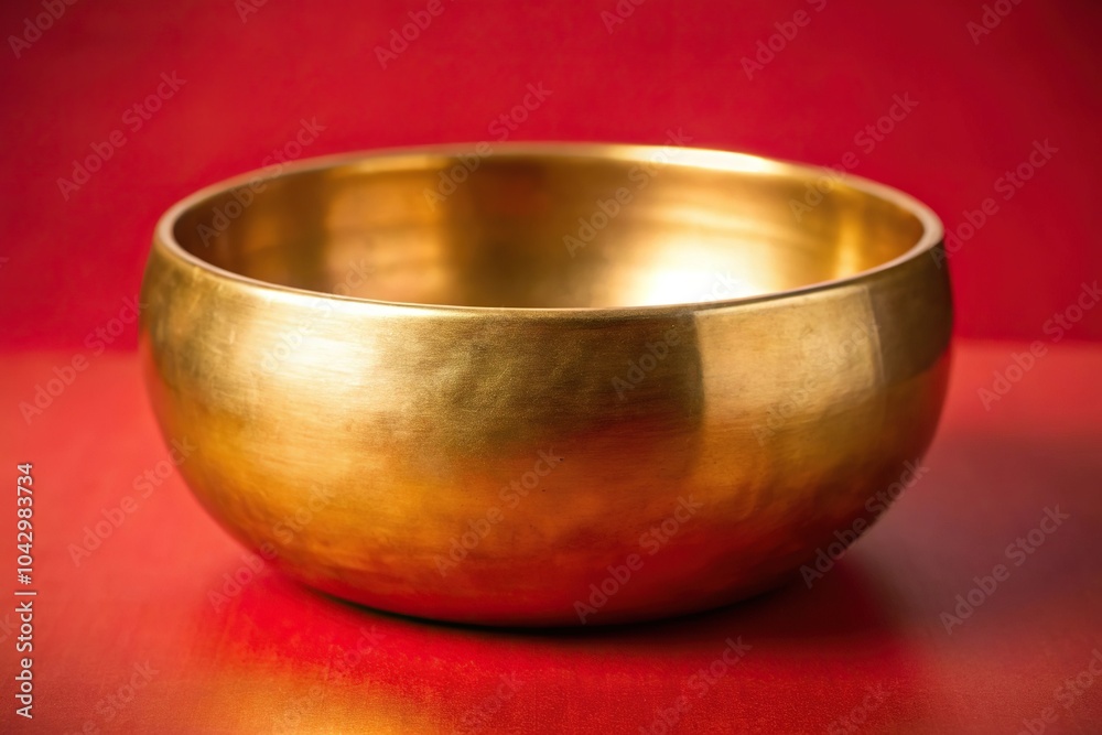 Energizing macro shot of golden Tibetan singing bowl on vibrant red background