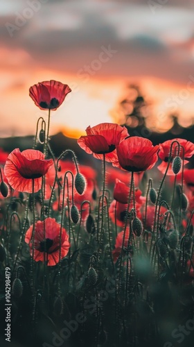 a field of red poppies at sunset