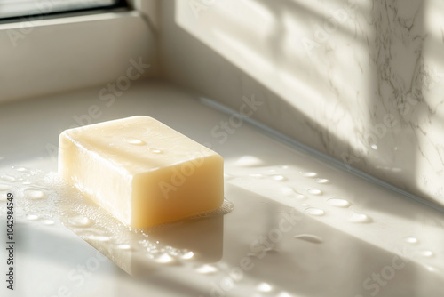 Wet bar soap with water droplets on surface.