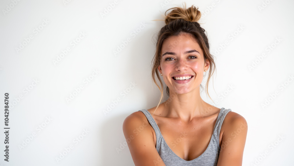Smiling young woman in casual grey top standing against white background. Natural and relaxed expression with hair in messy bun, lifestyle, wellness, or beauty concepts in marketing Smiling young woman in casual grey top standing against white background. Natural and relaxed expression with hair in messy bun, lifestyle, wellness, or beauty concepts in marketing