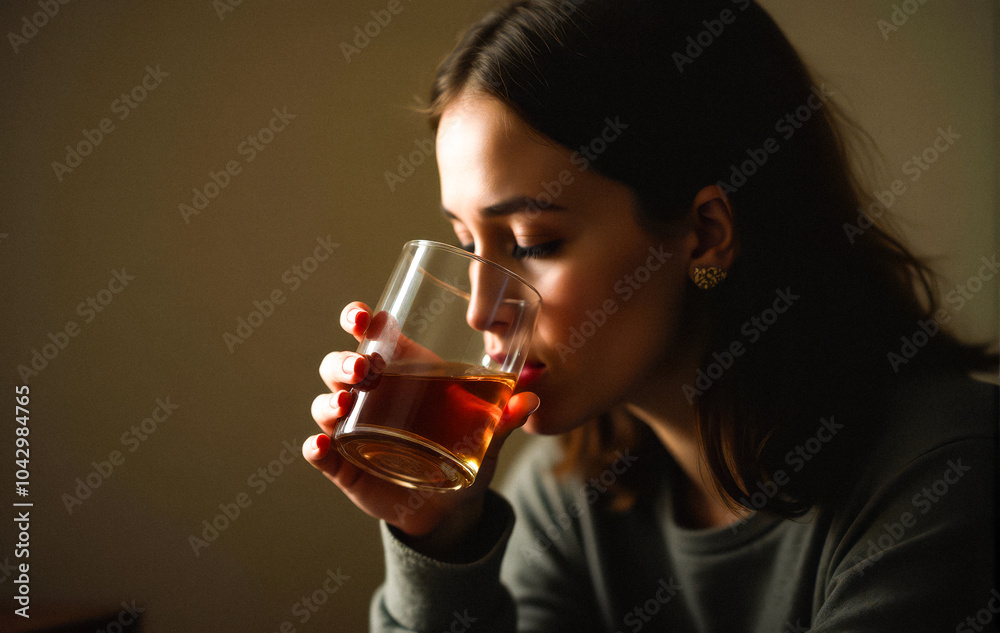 Woman drinking alcohol from glass in dimly lit room, concept of female alcoholism and addiction. solitude, contemplation, mental health struggle, and vulnerability associated with excessive drinking Woman drinking alcohol from glass in dimly lit room, concept of female alcoholism and addiction. solitude, contemplation, mental health struggle, and vulnerability associated with excessive drinking