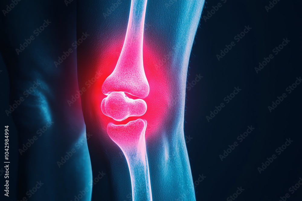 Xray of a knee joint, with glowing red zones indicating joint pain from ...