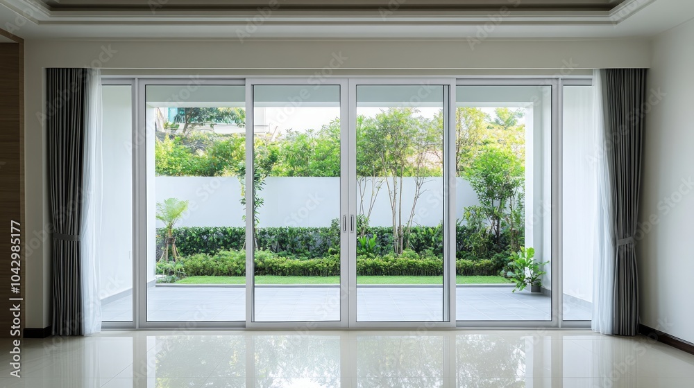 Modern interior with sliding glass doors leading to a lush green garden.