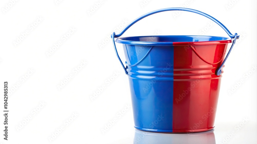 Empty red and blue bucket isolated on white background in forced perspective Empty red and blue bucket isolated on white background in forced perspective