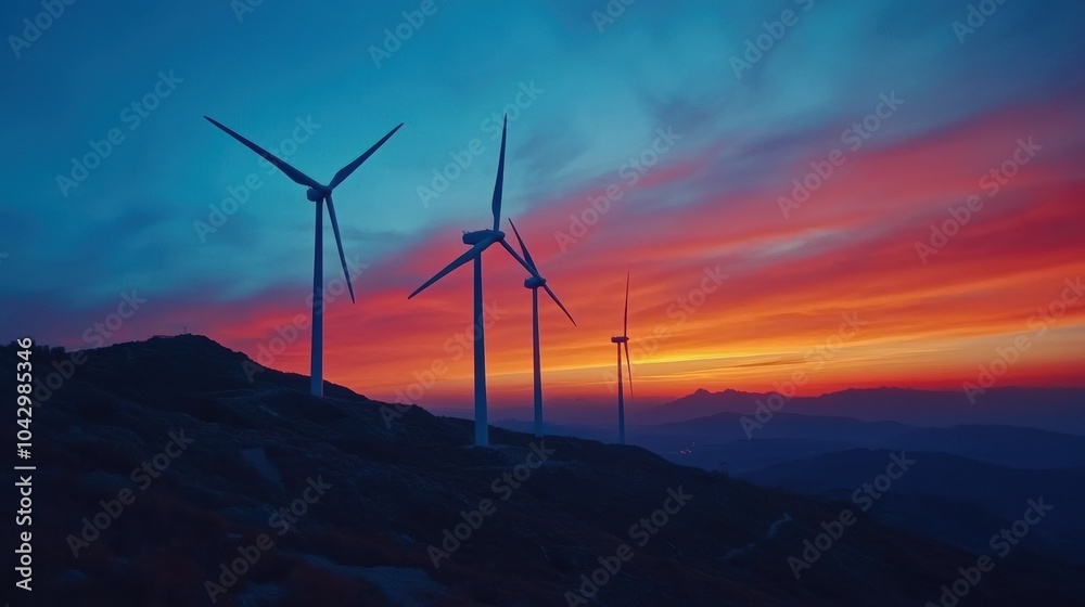 Fototapeta premium Futuristic wind turbines against beautiful landscape