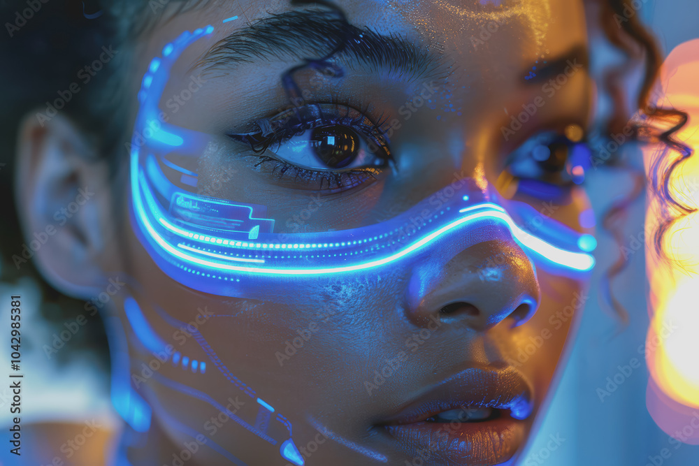 Futuristic female cyborg with blue lights on her eyes scanning the retina. Check the information. Futuristic female cyborg with blue lights on her eyes scanning the retina. Check the information.