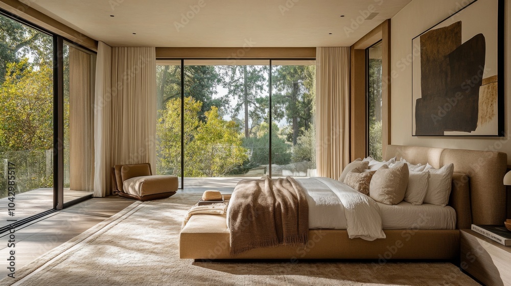 Fototapeta premium Modern Bedroom with Large Windows and Forest Views