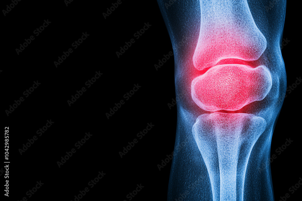 Xray of a knee joint with highlighted cartilage loss and red pain zones ...