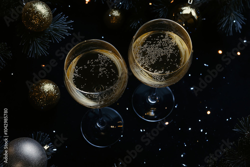 New Year toast captured from above with champagne glasses and vibrant ornaments