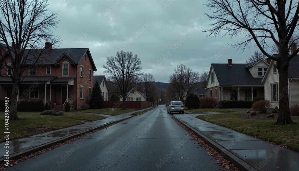 Quiet suburban street with wet road and overcast sky Quiet suburban street with wet road and overcast sky