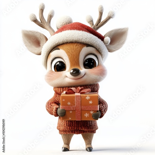 Cartoon Deer in Christmas Costume with Gift photo