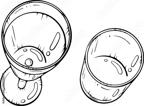 Two transparent glasses, clean and empty. Glass, wine goblet top view. Glassware for drinks. Vector illustration in hand drawn sketch doodle style. Line art isolated on white for coloring book, print