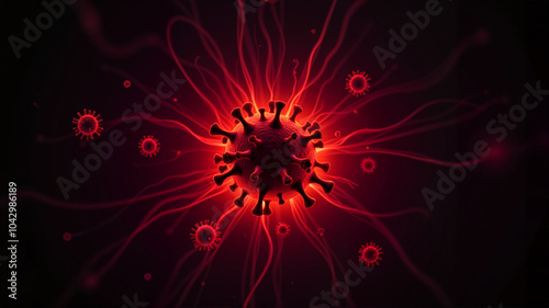  Red virus cell with spreading tendrils on black background.