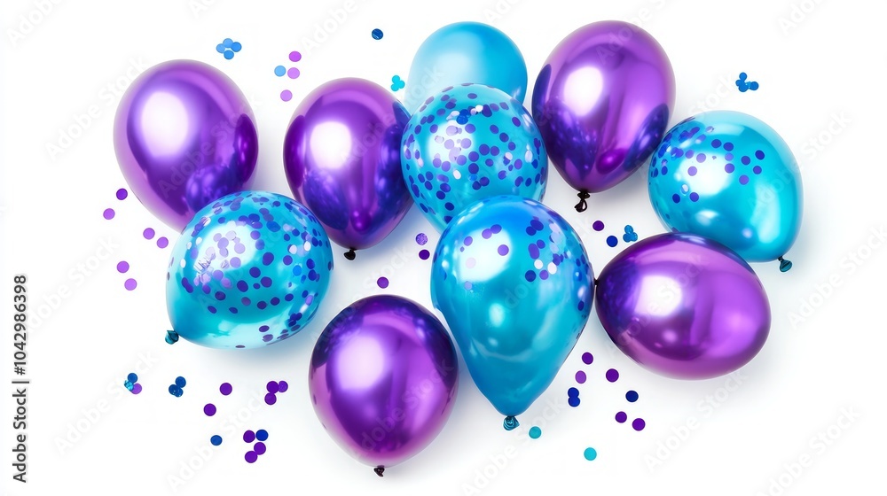 Purple and blue balloons with confetti on white background.