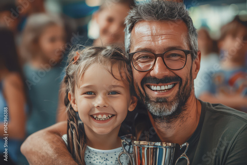 Coach cheers with the young champion holding a trophy and smiling brightly in the school gym.