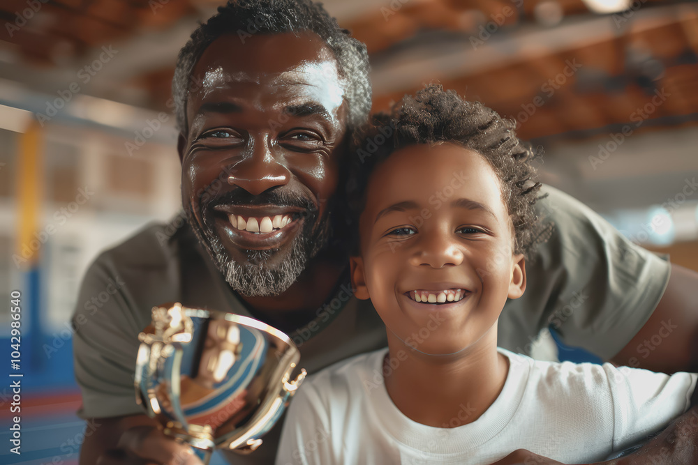Coach cheers with the young champion holding a trophy and smiling brightly in the school gym. Coach cheers with the young champion holding a trophy and smiling brightly in the school gym.