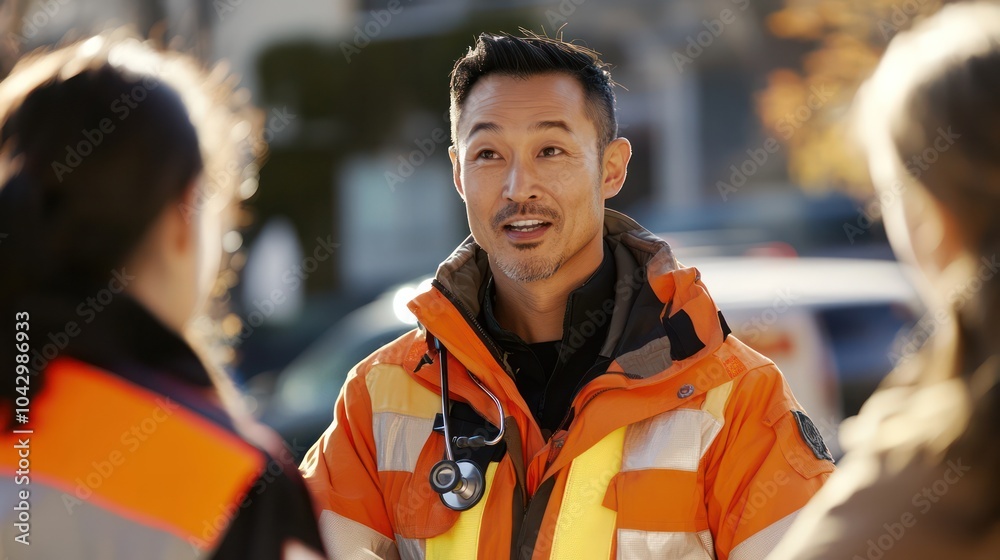 Naklejka premium An Asian emergency medical expert guiding a diverse group of paramedics in mastering advanced life-saving techniques, promoting teamwork and care.