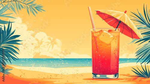 Tropical Fruity Cocktail Paradise - Vibrant 2D Illustration with Straw and Umbrella on Beach Background for Vacation Concept.