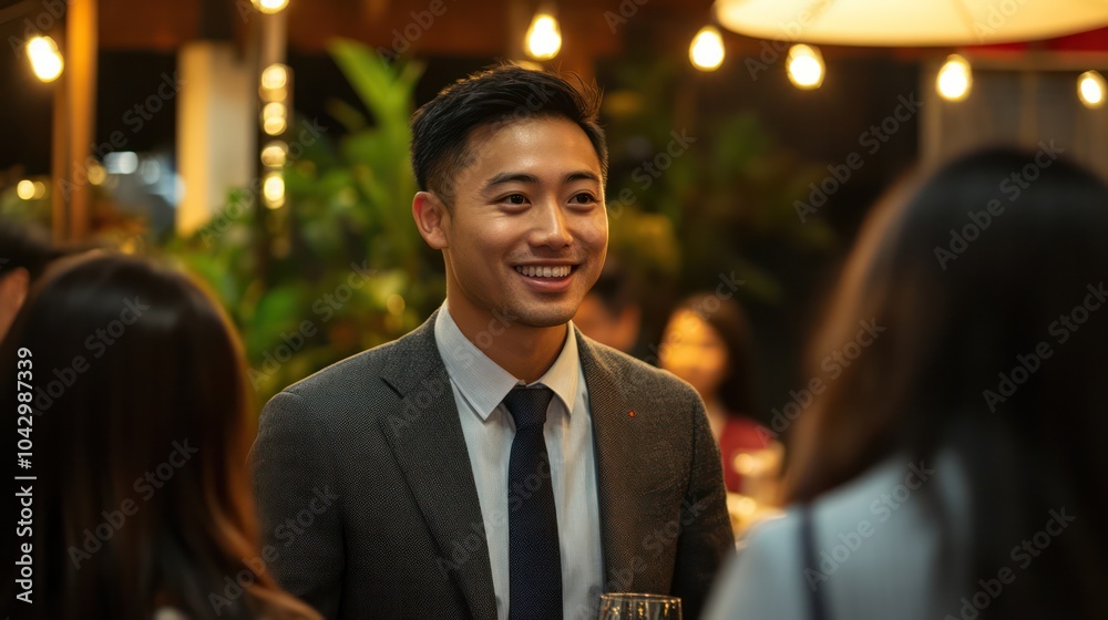 An Asian entrepreneur hosting a networking event for a diverse group of business leaders, promoting collaboration and global business opportunities. An Asian entrepreneur hosting a networking event for a diverse group of business leaders, promoting collaboration and global business opportunities.