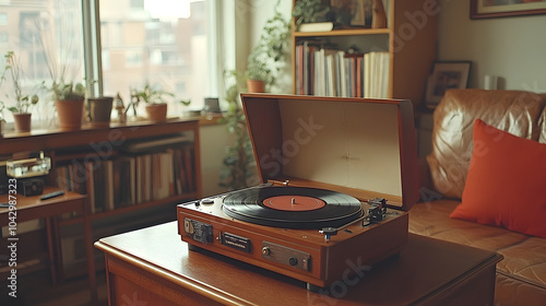 A Vintage Vinyl Record Player Sits on a Stylish Coffee Table in a Cozy Living Room, Surrounded by Soft Lighting and Retro Decor. The Nostalgic Atmosphere Invites Music Lovers to Enjoy Their Favorite A