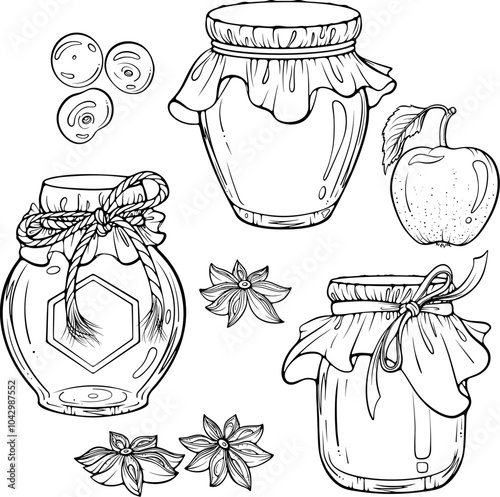 Set of jars with homemade fruit jam, honey or marmalade. Natural preservation berry dessert. Vector illustration in hand drawn sketch doodle style. Line art isolated on white for coloring book, print
