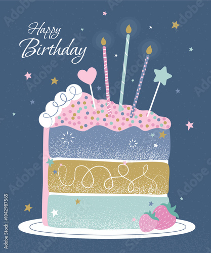 Birthday card with a piece of cake and candles on a blue background