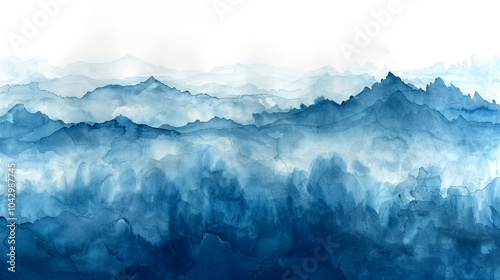 Blue watercolor mountains under a misty sky at dawn capturing serene natural beauty